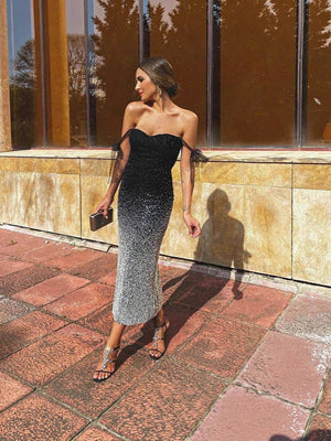 High - waisted V - neck sequined evening dress with raglan sleeves, long dress for banquets, parties, and cocktail parties FD - Negative Apparel