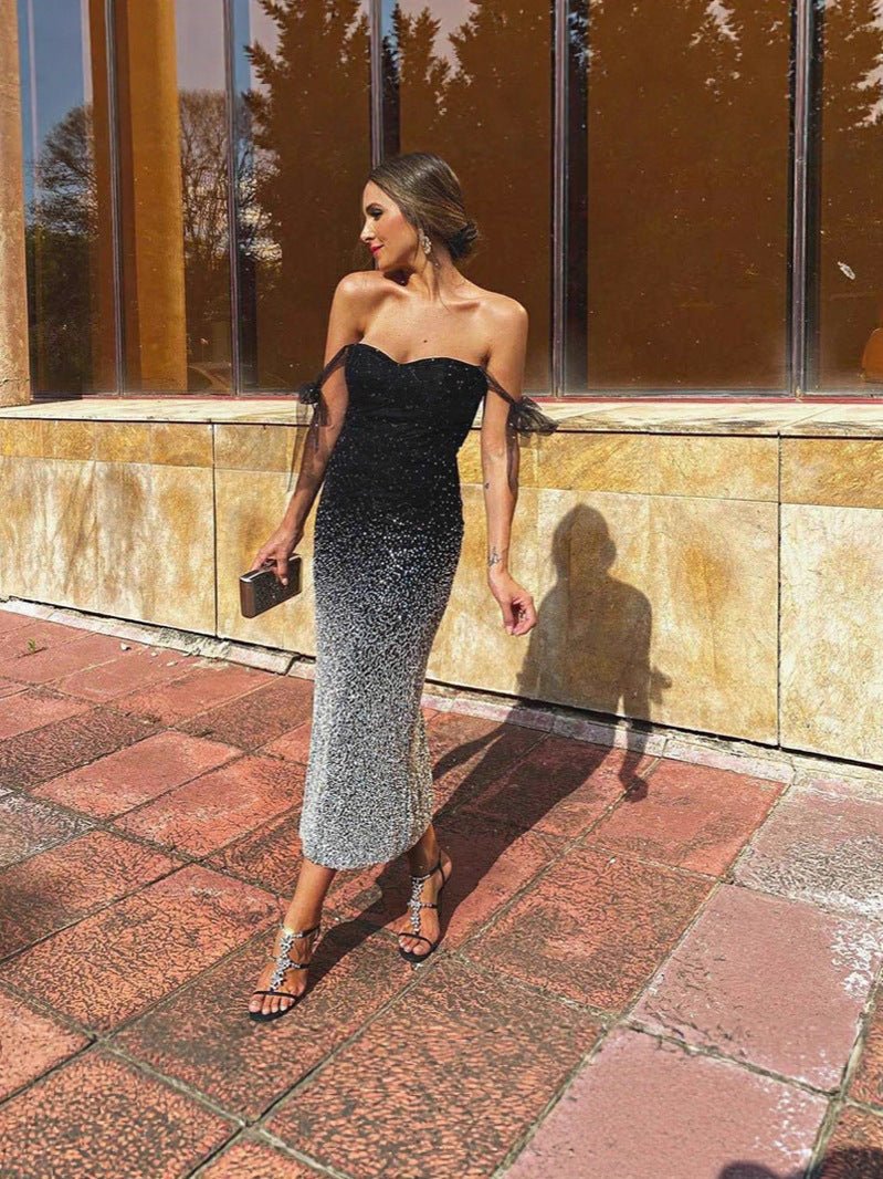 High - waisted V - neck sequined evening dress with raglan sleeves, long dress for banquets, parties, and cocktail parties FD - Negative Apparel