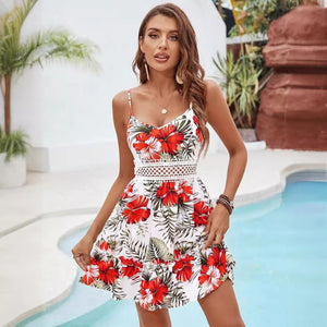 Holiday + shoulder + lace splicing ruffle leaf edge sea + short skirt - Negative Apparel