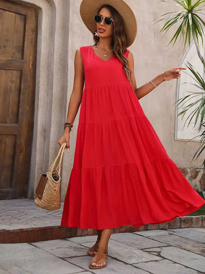 Holiday solid color V - neck layered stitching hem loose dress - Negative Apparel