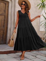 Holiday solid color V - neck layered stitching hem loose dress - Negative Apparel