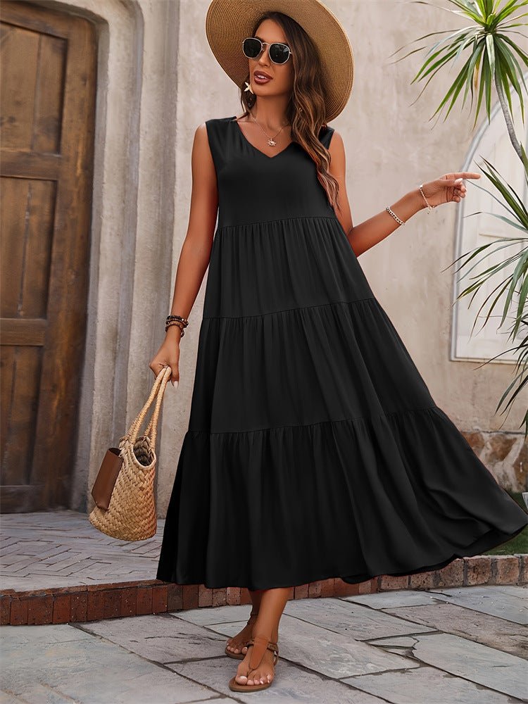 Holiday solid color V - neck layered stitching hem loose dress - Negative Apparel