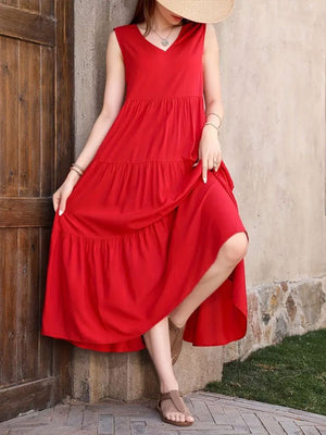 Holiday solid color V - neck layered stitching hem loose dress - Negative Apparel