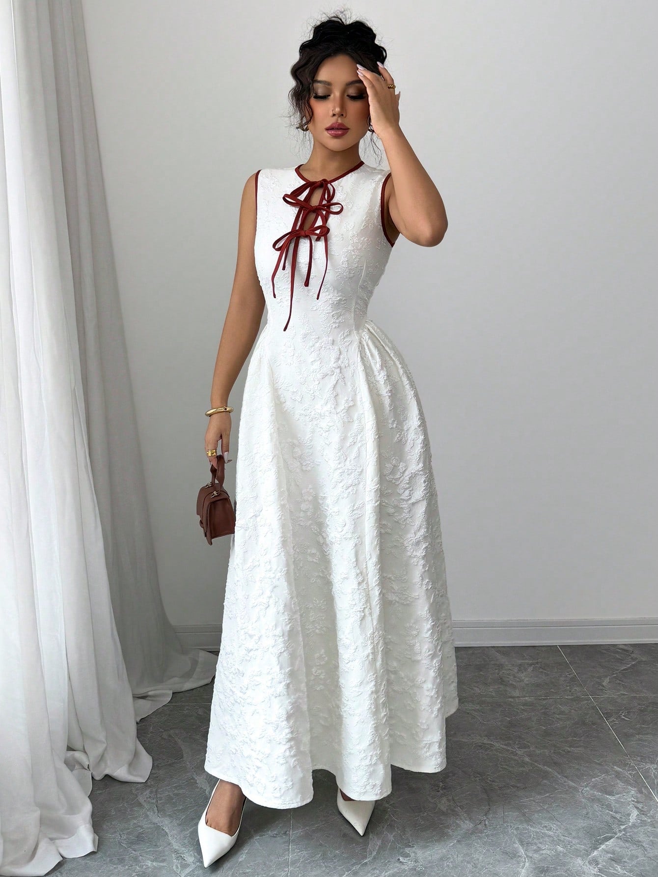 Hollow Out Neckline Contrast Color Waist Tie Design Dress - Negative Apparel