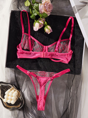 Hollow Rose Embroidery Mesh Splicing See - through Sxy Lingerie Two - piece Set - Negative Apparel