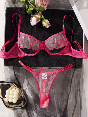 Hollow Rose Embroidery Mesh Splicing See - through Sxy Lingerie Two - piece Set - Negative Apparel