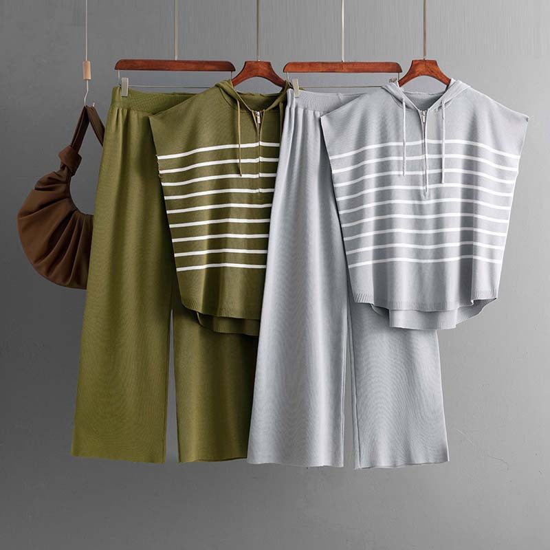Hooded sleeveless vest fashion 2 piece suit loose casual striped two - piece set women - Negative Apparel