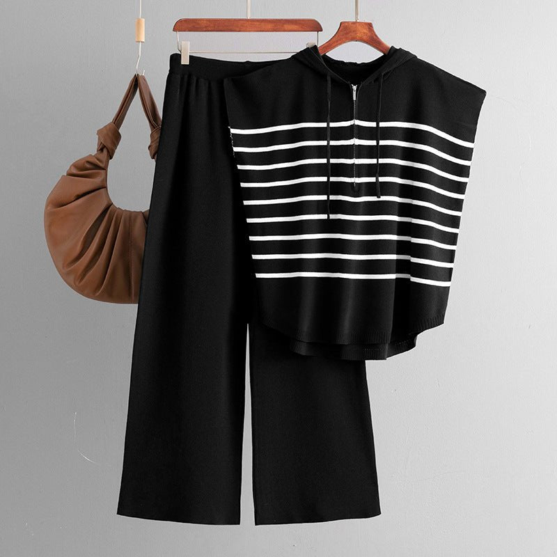 Hooded sleeveless vest fashion 2 piece suit loose casual striped two - piece set women - Negative Apparel