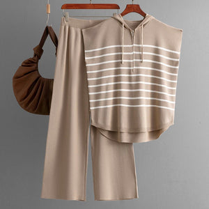 Hooded sleeveless vest fashion 2 piece suit loose casual striped two - piece set women - Negative Apparel