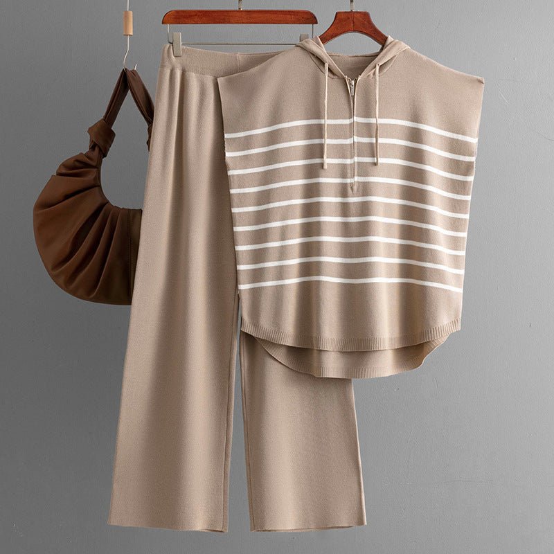 Hooded sleeveless vest fashion 2 piece suit loose casual striped two - piece set women - Negative Apparel