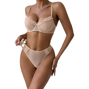 Hot - selling women's mesh pleated lace steel ring gathered simple bra set - Negative Apparel