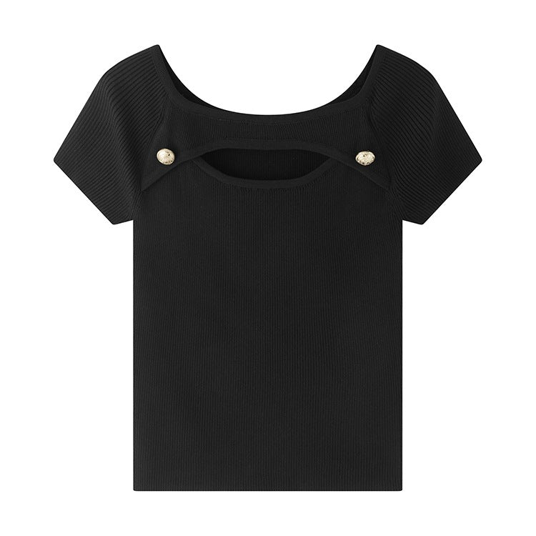 Ice cool silk knitted t-shirt women's summer new short - sleeved Korean version niche design feeling hollow slim - fitting pure desire short top - Negative Apparel