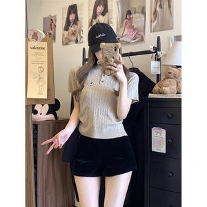 Ice silk dachshund embroidered short - sleeved T-shirt women's clothing is popular this spring versatile and thin twist knitted top - Negative Apparel