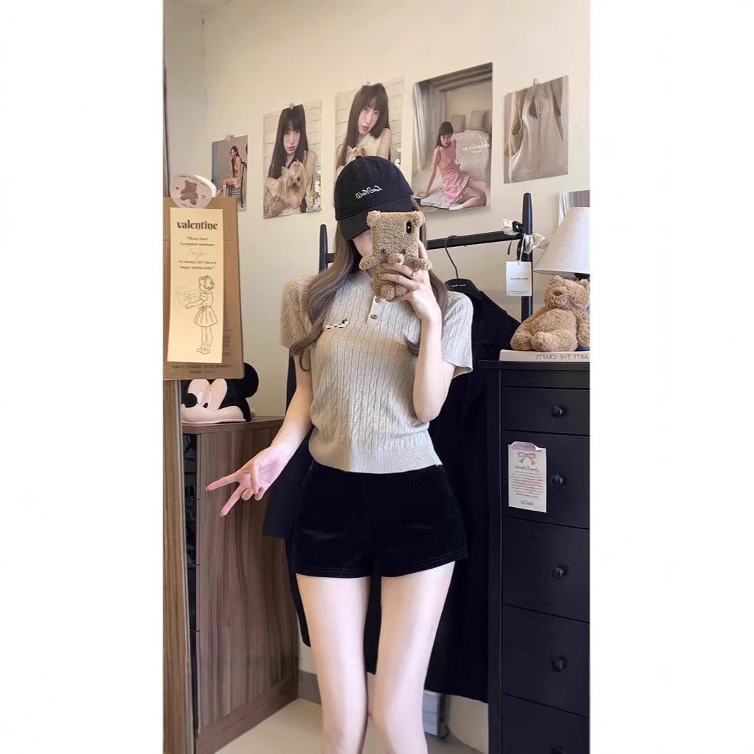Ice silk dachshund embroidered short - sleeved T-shirt women's clothing is popular this spring versatile and thin twist knitted top - Negative Apparel