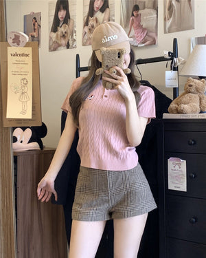 Ice silk dachshund embroidered short - sleeved T-shirt women's clothing is popular this spring versatile and thin twist knitted top - Negative Apparel