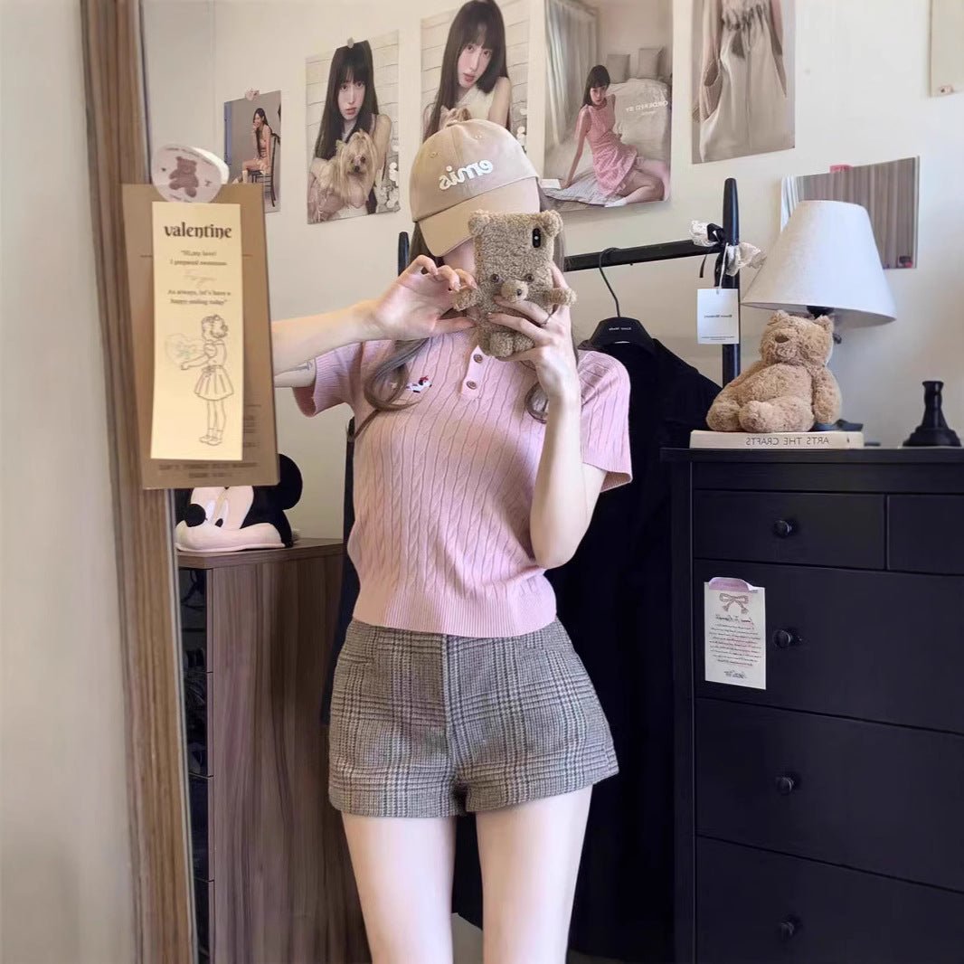 Ice silk dachshund embroidered short - sleeved T-shirt women's clothing is popular this spring versatile and thin twist knitted top - Negative Apparel
