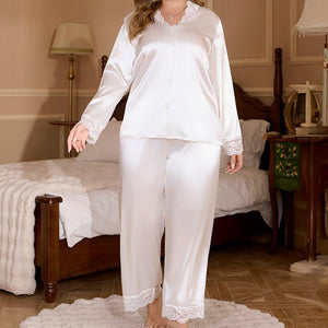 ice silk large - size pajamas women's summer lace long - sleeved trousers set loungewear TZ22139 - Negative Apparel