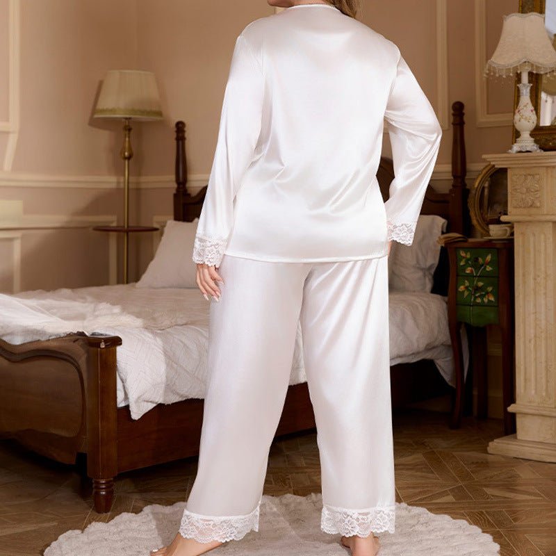 ice silk large - size pajamas women's summer lace long - sleeved trousers set loungewear TZ22139 - Negative Apparel