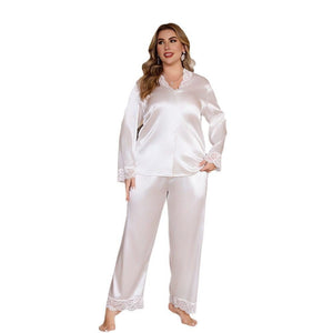 ice silk large - size pajamas women's summer lace long - sleeved trousers set loungewear TZ22139 - Negative Apparel