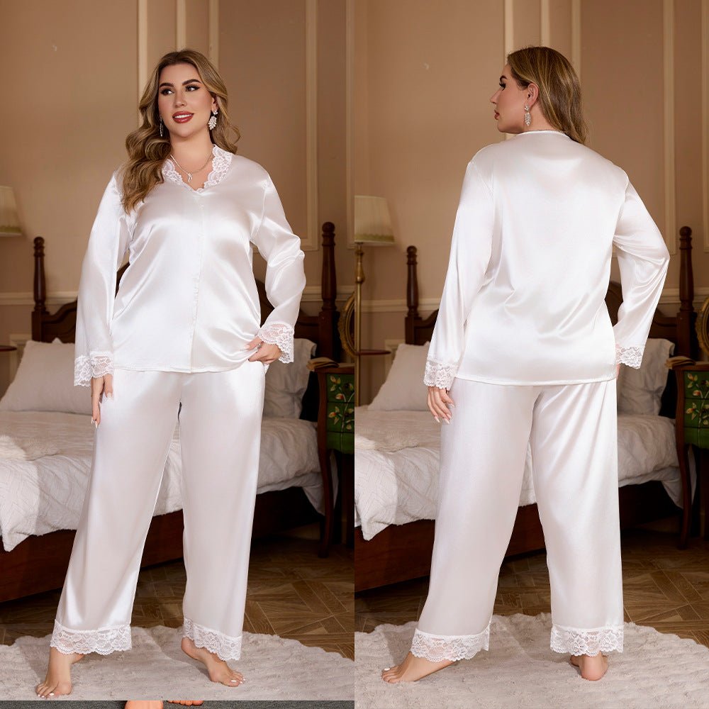 ice silk large - size pajamas women's summer lace long - sleeved trousers set loungewear TZ22139 - Negative Apparel