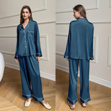 Ice Silk Pajama Set Women's Spring and Autumn Solid Color Long Sleeve Trousers Two - piece Set Thin Set TZ3201 - Negative Apparel