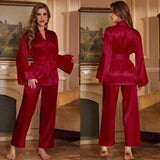 Ice Silk Pajama Set Women's Spring and Summer High - end Solid Color Pajama Pants Loungewear Two - piece Set TZ3380 - Negative Apparel