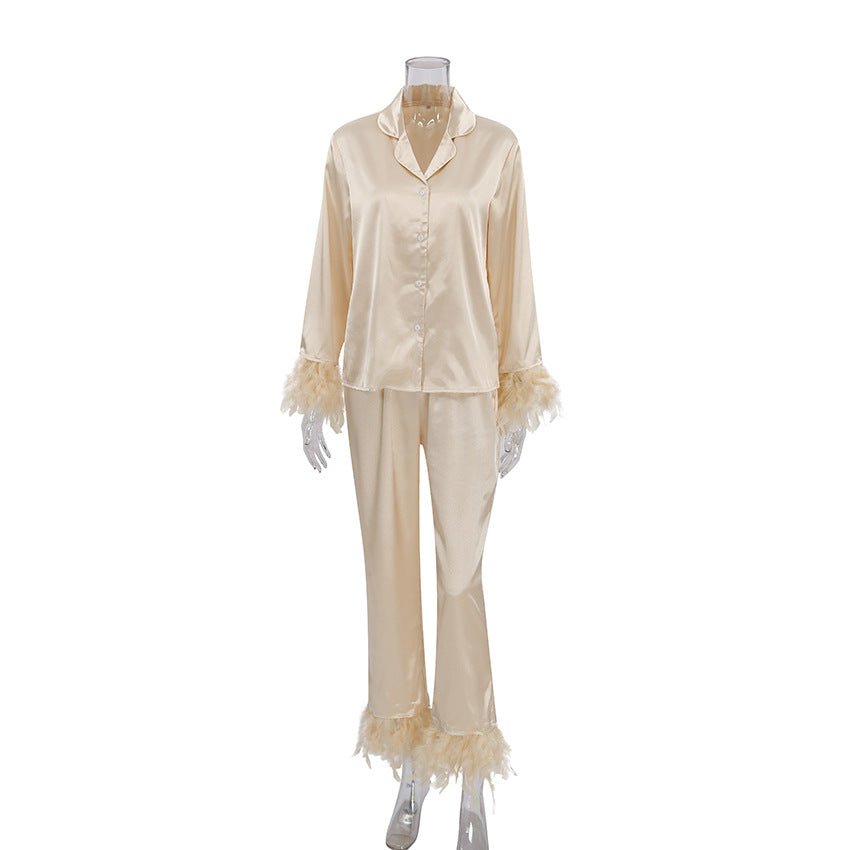 Ice Silk Pajamas Fashion Ostrich Feather Shirt Trousers Loose Two - piece loungewear - Negative Apparel