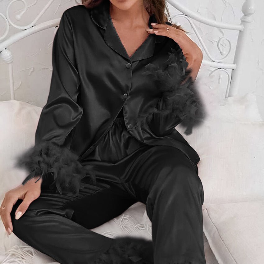 Ice Silk Pajamas Fashion Ostrich Feather Shirt Trousers Loose Two - piece loungewear - Negative Apparel