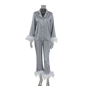 Ice Silk Pajamas Fashion Ostrich Feather Shirt Trousers Loose Two - piece loungewear - Negative Apparel