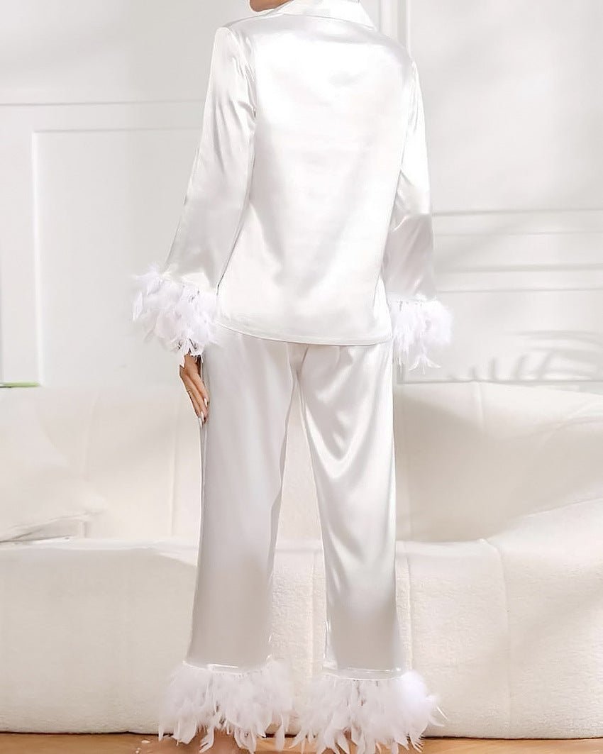 Ice Silk Pajamas Fashion Ostrich Feather Shirt Trousers Loose Two - piece loungewear - Negative Apparel