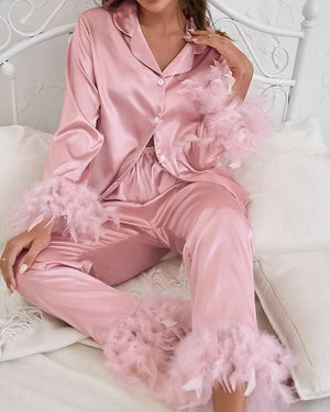 Ice Silk Pajamas Fashion Ostrich Feather Shirt Trousers Loose Two - piece loungewear - Negative Apparel