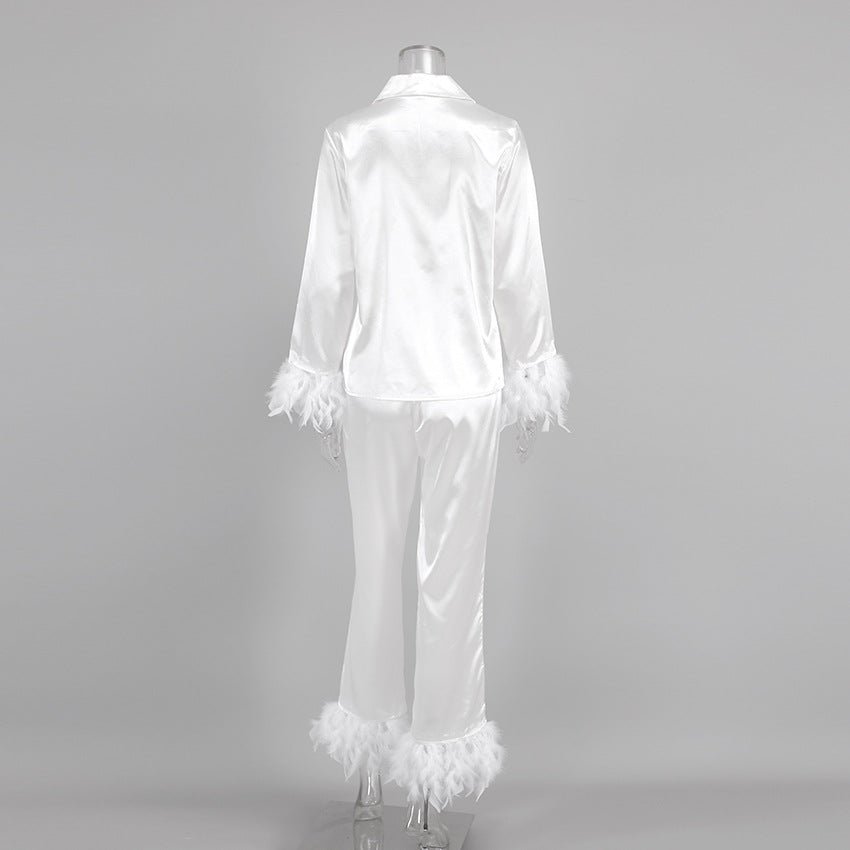 Ice Silk Pajamas Fashion Ostrich Feather Shirt Trousers Loose Two - piece loungewear - Negative Apparel