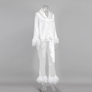 Ice Silk Pajamas Fashion Ostrich Feather Shirt Trousers Loose Two - piece loungewear - Negative Apparel