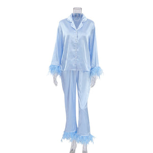 Ice Silk Pajamas Fashion Ostrich Feather Shirt Trousers Loose Two - piece loungewear - Negative Apparel