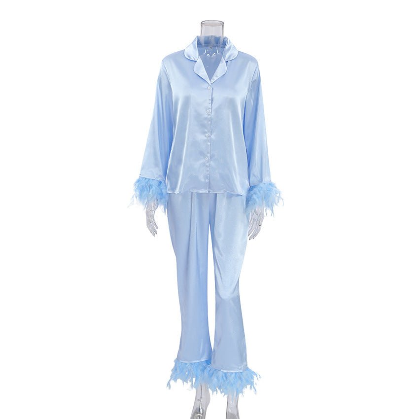 Ice Silk Pajamas Fashion Ostrich Feather Shirt Trousers Loose Two - piece loungewear - Negative Apparel