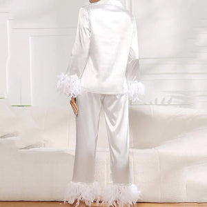 Ice Silk Pajamas Fashion Ostrich Feather Shirt Trousers Loose Two - piece loungewear - Negative Apparel