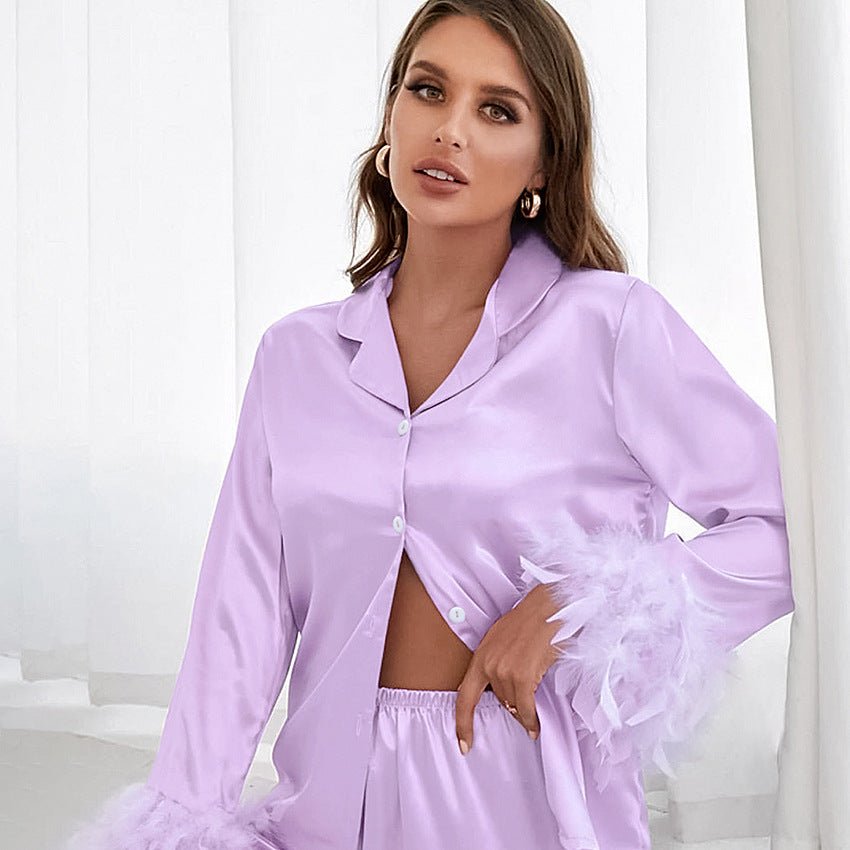 Ice Silk Pajamas Fashion Ostrich Feather Shirt Trousers Loose Two - piece loungewear - Negative Apparel