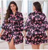 Ice silk pajamas women's summer light luxury short sleeves cool short pajamas large size bathrobes bow loungewear 22355 - Negative Apparel