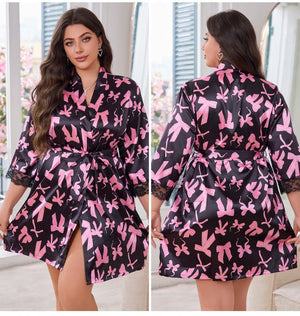 Ice silk pajamas women's summer light luxury short sleeves cool short pajamas large size bathrobes bow loungewear 22355 - Negative Apparel