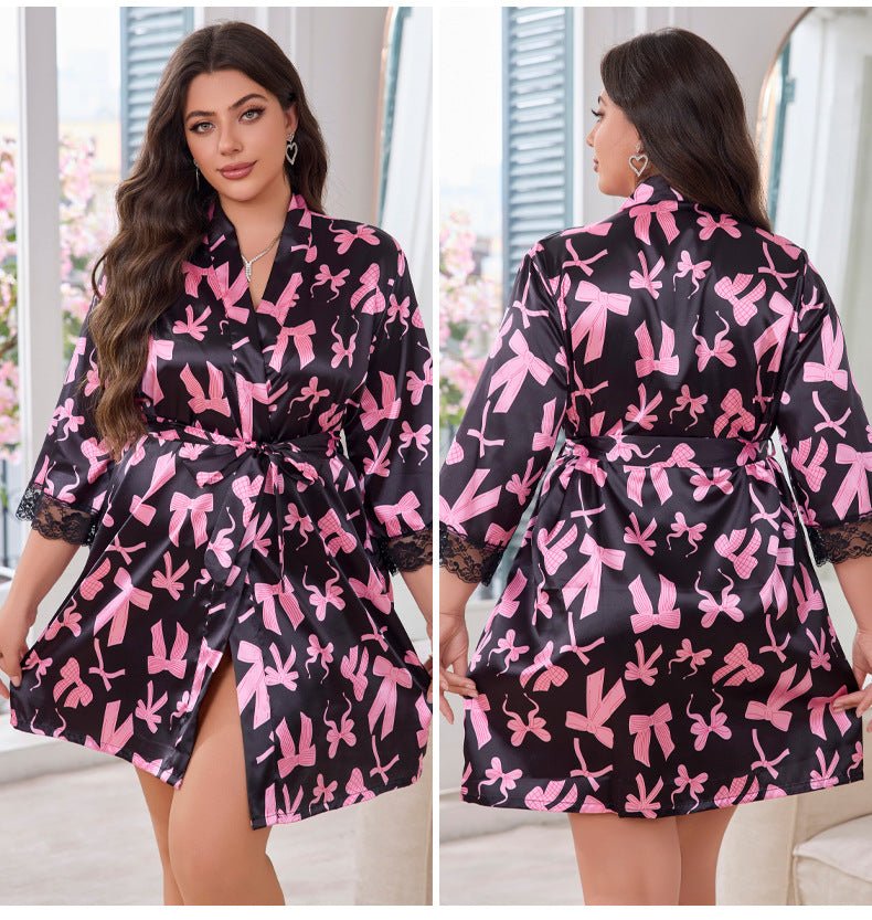 Ice silk pajamas women's summer light luxury short sleeves cool short pajamas large size bathrobes bow loungewear 22355 - Negative Apparel