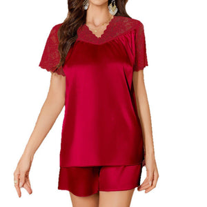 ice silk pajamas women's summer sexy V - neck lace short - sleeved shorts loungewear set pajamas 22212 - Negative Apparel