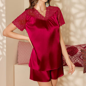 ice silk pajamas women's summer sexy V - neck lace short - sleeved shorts loungewear set pajamas 22212 - Negative Apparel