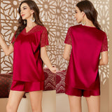 ice silk pajamas women's summer sexy V - neck lace short - sleeved shorts loungewear set pajamas 22212 - Negative Apparel