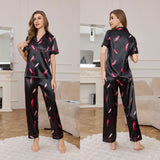 ice silk pajamas women's summer short - sleeved trousers loungewear set high - end printing two - piece set TZ3432 - Negative Apparel