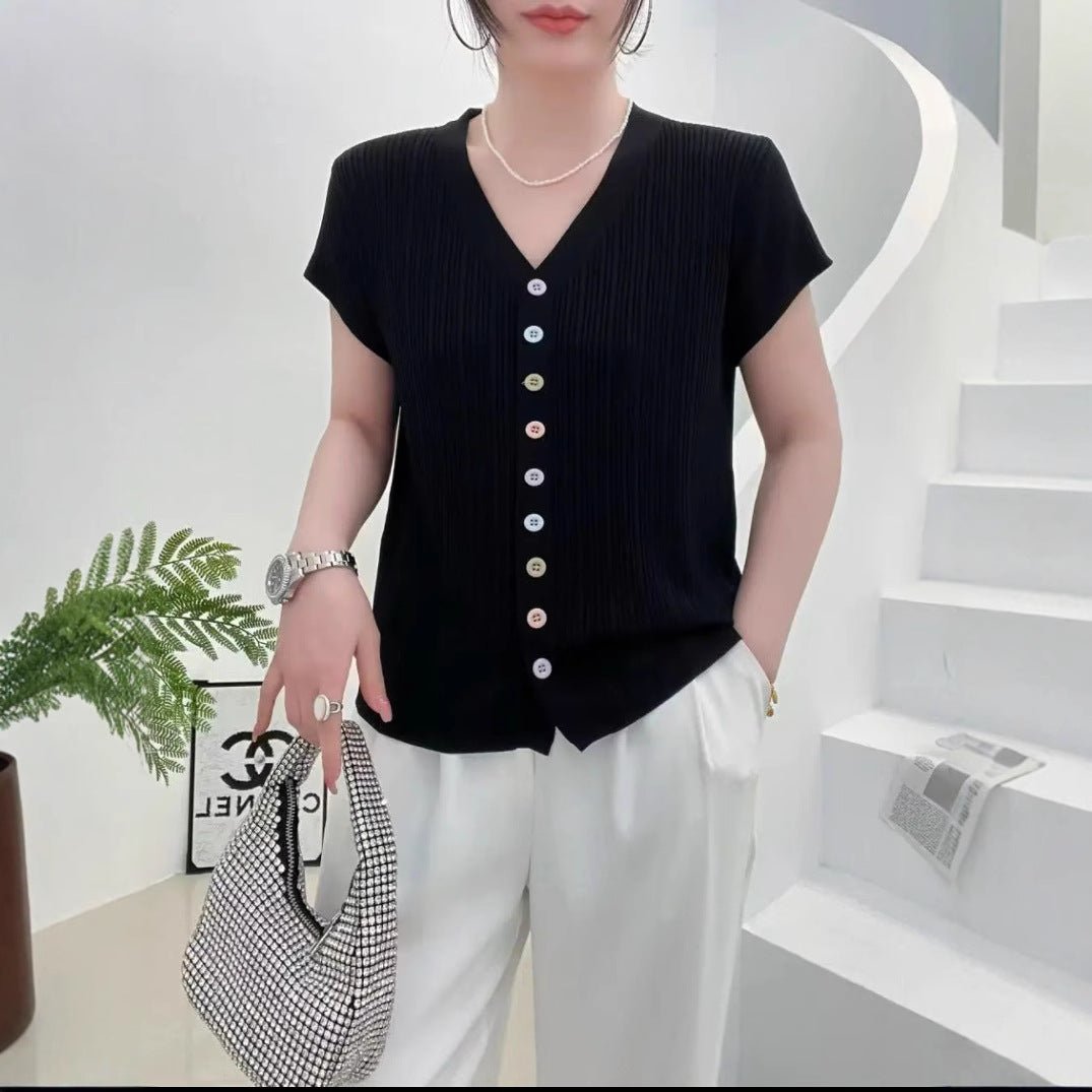 Ice silk quilted beads 2025 summer new knitted sweater short - sleeved cardigan women's color button - up top V - neck thin T-shirt tide - Negative Apparel