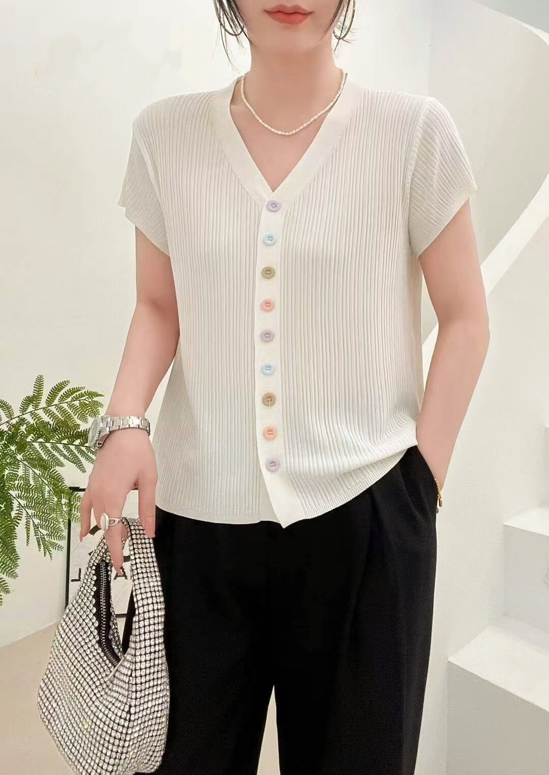 Ice silk quilted beads 2025 summer new knitted sweater short - sleeved cardigan women's color button - up top V - neck thin T-shirt tide - Negative Apparel