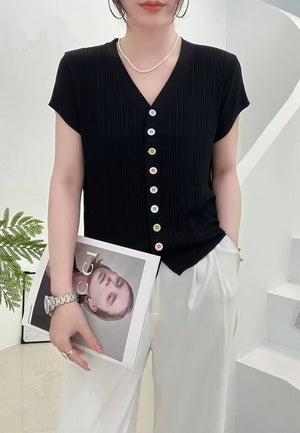 Ice silk quilted beads 2025 summer new knitted sweater short - sleeved cardigan women's color button - up top V - neck thin T-shirt tide - Negative Apparel
