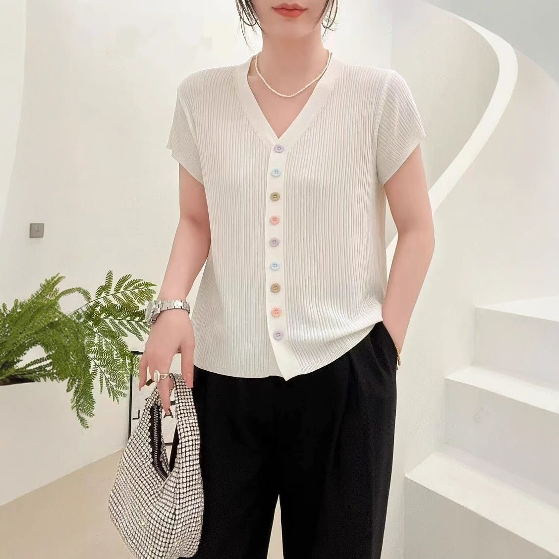 Ice silk quilted beads 2025 summer new knitted sweater short - sleeved cardigan women's color button - up top V - neck thin T-shirt tide - Negative Apparel