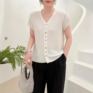 Ice silk quilted beads 2025 summer new knitted sweater short - sleeved cardigan women's color button - up top V - neck thin T-shirt tide - Negative Apparel