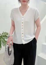 Ice silk quilted beads 2025 summer new knitted sweater short - sleeved cardigan women's color button - up top V - neck thin T-shirt tide - Negative Apparel